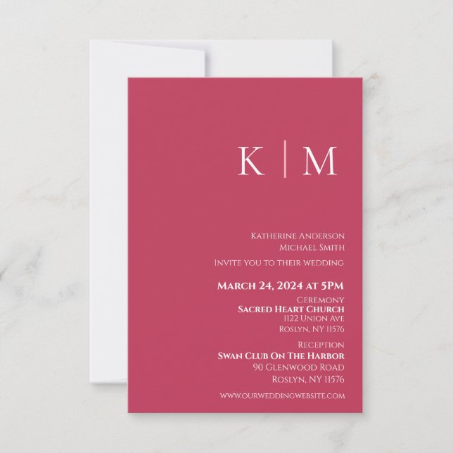 Invitación Viva Magenta y Boda de Monograma Blanco- (Anverso)