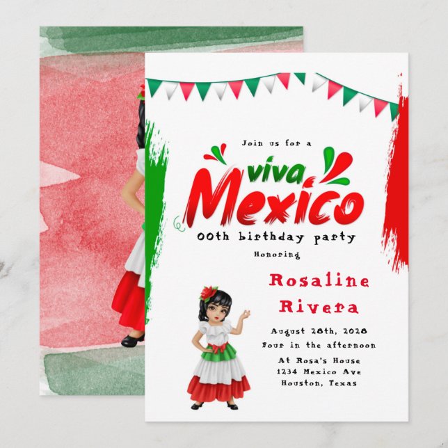 Invitación Viva México Chica Fiesta de Cumpleaños 00 (Anverso / Reverso)
