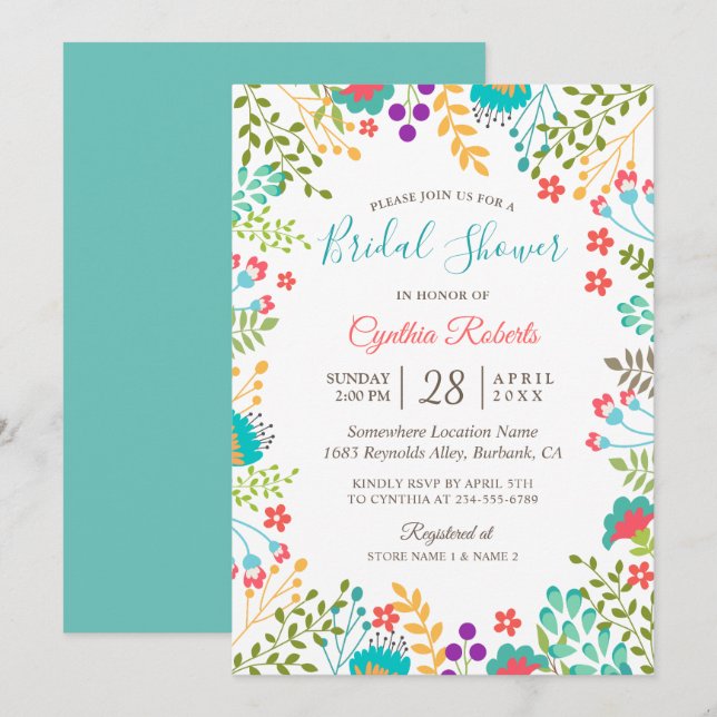 Invitación Vivid Fresh Spring Floral Cute Bridal Shower (Anverso / Reverso)