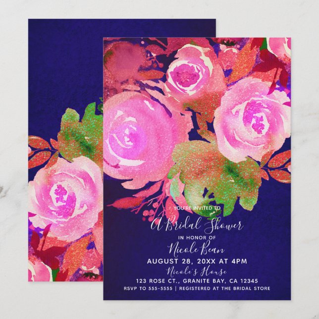 Invitación Vivid Purple Modern Spring Floral Bridal Shower (Anverso / Reverso)