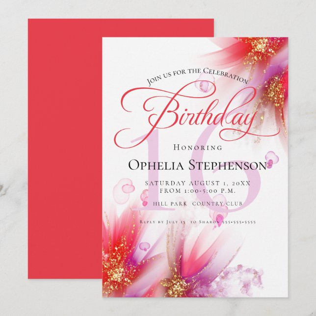 Invitación Vivid Scarlet Lilac Resumen Cumpleaños Floral (Anverso / Reverso)