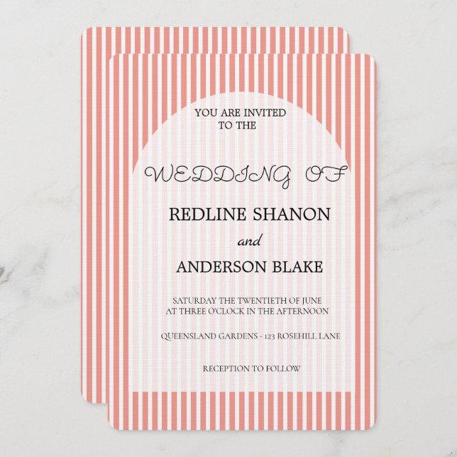 Invitación Vivid Tangerine   Blush Striped Elegant Wedding (Anverso / Reverso)