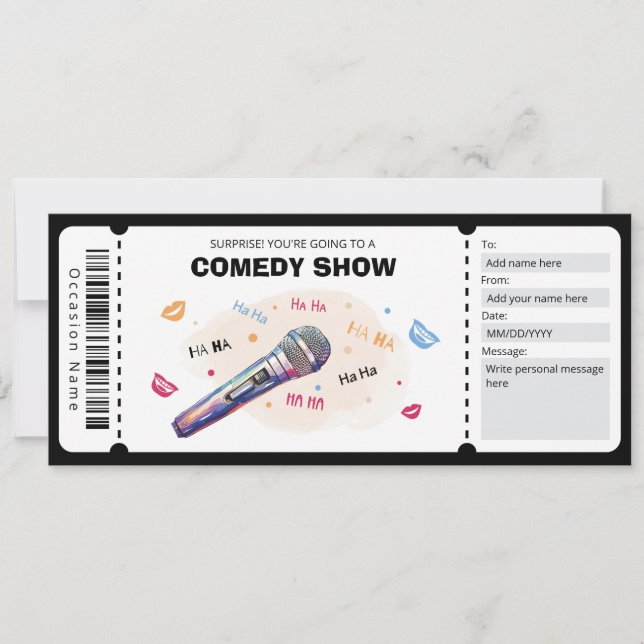 Invitación Vocador de regalo de comedia, billete de comedia (Anverso)