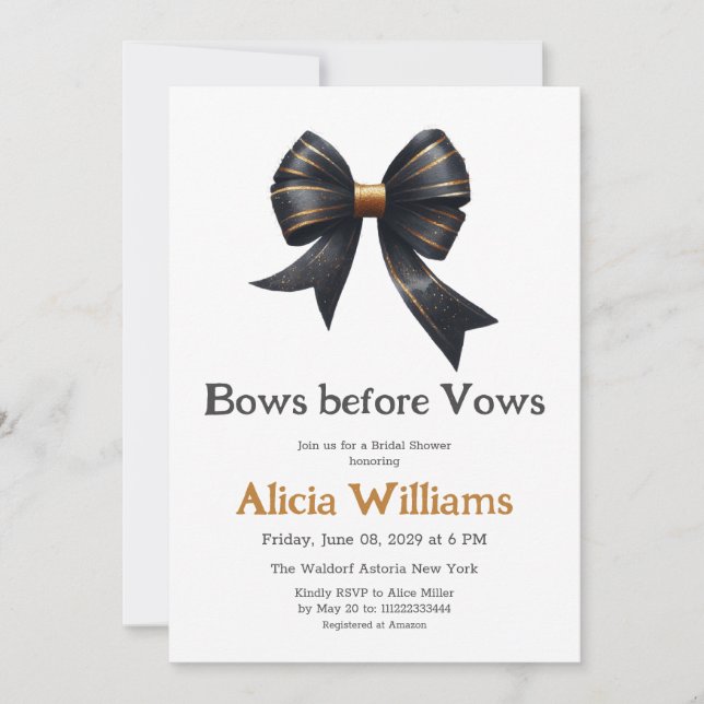 Invitación Vocas antes de Vows Dorado Black Bow Bridal Shower (Anverso)