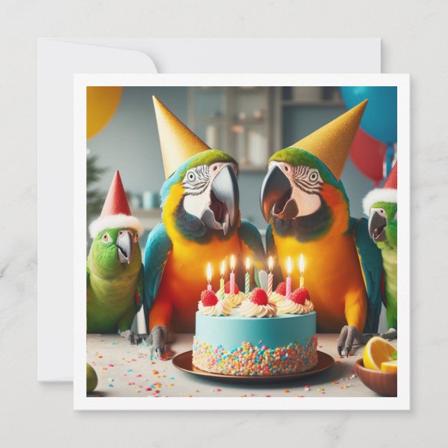 Invitación ¡Volad! Cumpleaños de loro, cumpleaños de pájaro (Anverso)