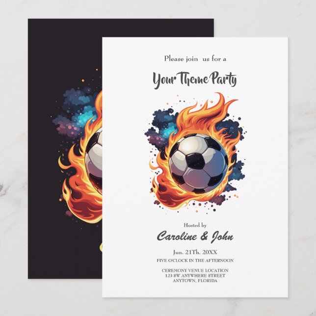 Invitación Volando una pelota de fútbol con llamas. (Anverso / Reverso)