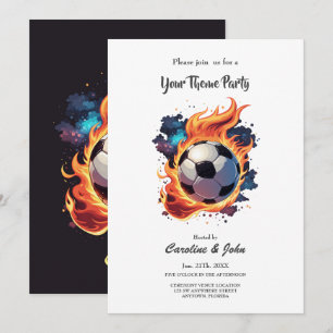 Invitación Volando una pelota de fútbol con llamas.