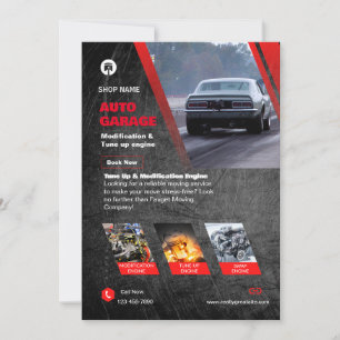 Invitación Volante de autogaraje rojo y negro moderno