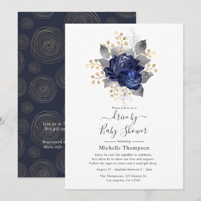 Invitación Volante floral azul marino, dorado y plateado por  (Anverso / Reverso)