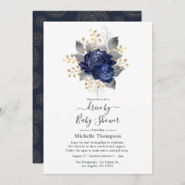 Invitación Volante floral azul marino, dorado y plateado por 