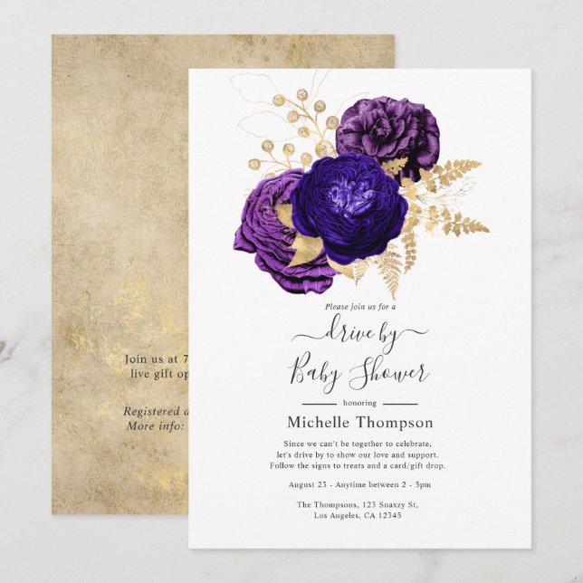 Invitación Volante violeta, púrpura y dorada por ducha (Anverso / Reverso)
