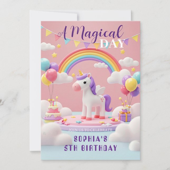 Invitación Volar con unicornio - Fiesta de Cumpleaños (Anverso)