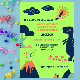 Invitación Volcán Dinosaurio Verde Azul primer cumpleaños