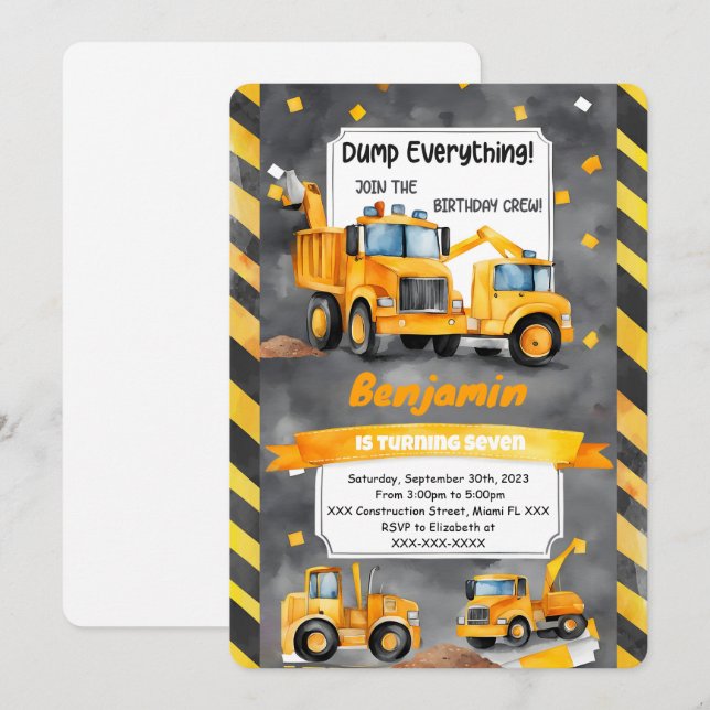 Invitación Volcar cada cosa es cumpleaños de la construcción (Anverso / Reverso)