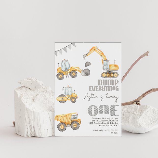 Invitación Volcar todo la construcción 1er cumpleaños (Modern construction 1st birthday invitation,  Dump everything first birthday party invitation,)