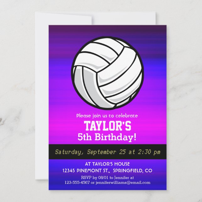 Invitación Voleibol; azul violeta vibrante y magenta (Anverso)