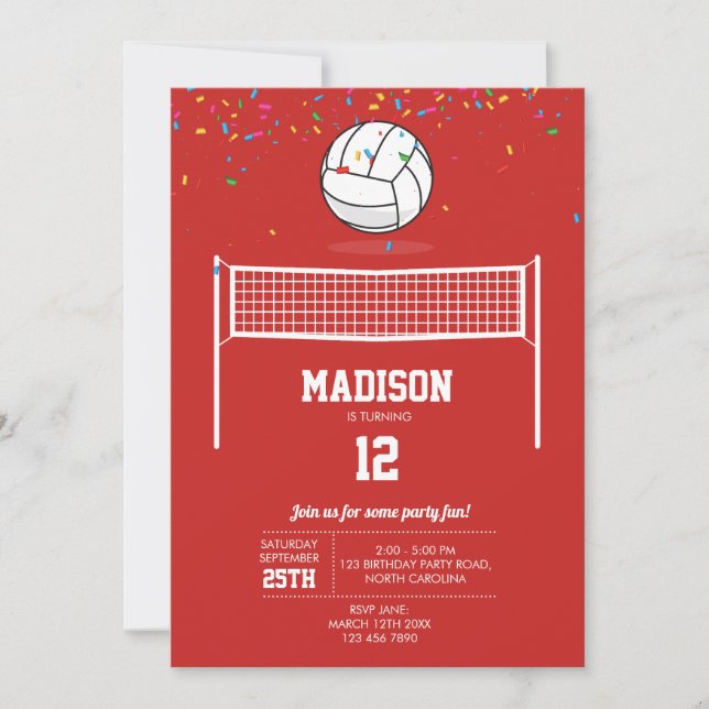 Invitación Voleibol Ball & Net Red Birday Party (Anverso)