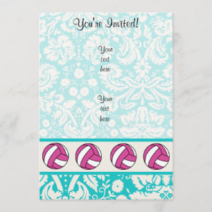 Invitación Voleibol rosa; patrón Damask