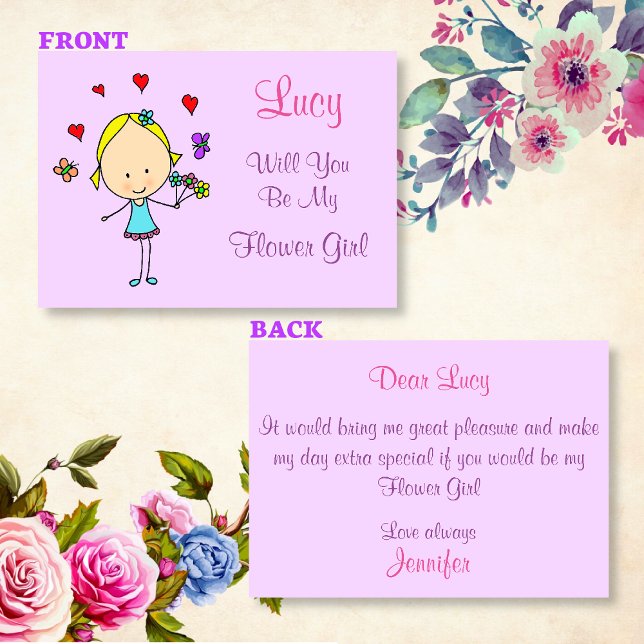 Invitación Voluntad Personalizada ¿Serás Mi Dama de Flores? (Front and back view of the invitation)
