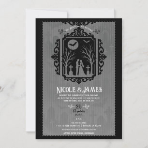 Invitación Votos en el Cementerio Boda Gótica en Negro y Gris