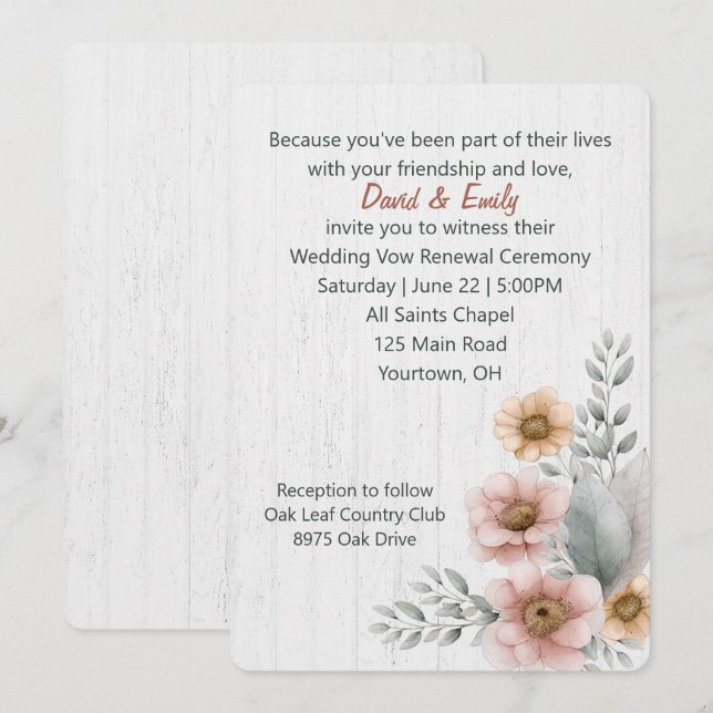 Invitación Votos Flores De Renovación En Madera (Anverso / Reverso)