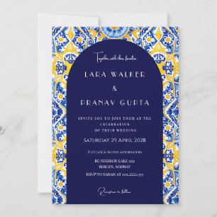 Invitación Votos Psicodélicos: Boda de Azulejos Azules Groovy