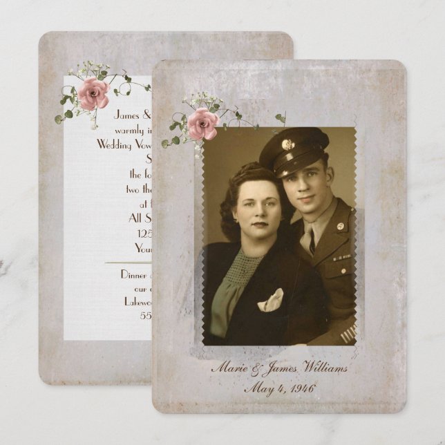 Invitación Vow Renewal fotograma y ramo de rosa (Anverso / Reverso)