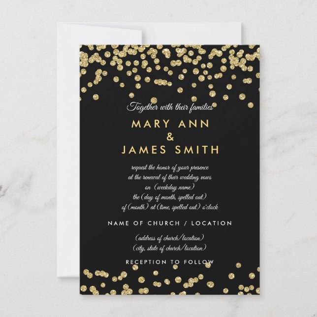 Invitación Vow Renewal Gold Faux Purpurina Confetti Black (Anverso)