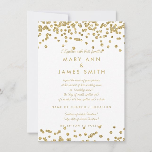 Invitación Vow Renewal Gold Faux Purpurina Confetti White (Anverso)
