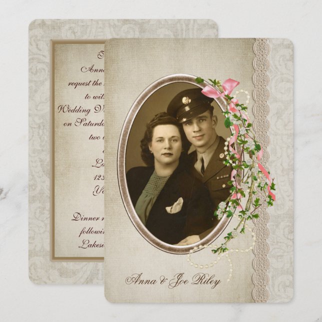 Invitación Vow Renewal-rama floral sobre marco de foto ovalad (Anverso / Reverso)