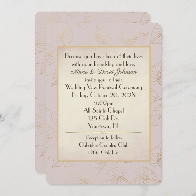Invitación Vow Renewal Relieve metalizado dorado Leaf (Anverso / Reverso)