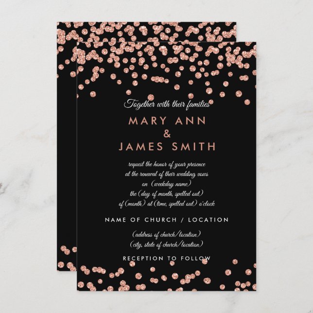 Invitación Vow Renewal Rosa Gold Faux Purpurina Confetti Blac (Anverso / Reverso)