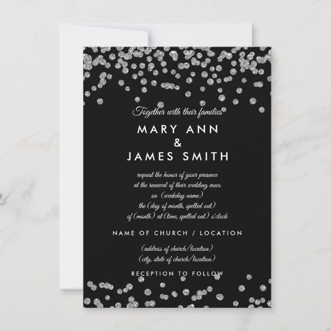 Invitación Vow Renewal Silver Faux Purpurina Confetti Black (Anverso)