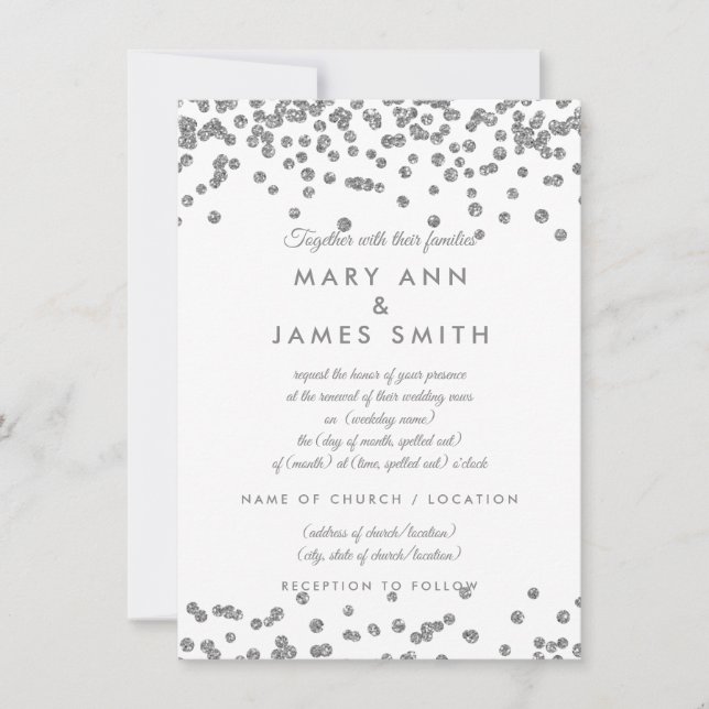 Invitación Vow Renewal Silver Faux Purpurina Confetti White (Anverso)