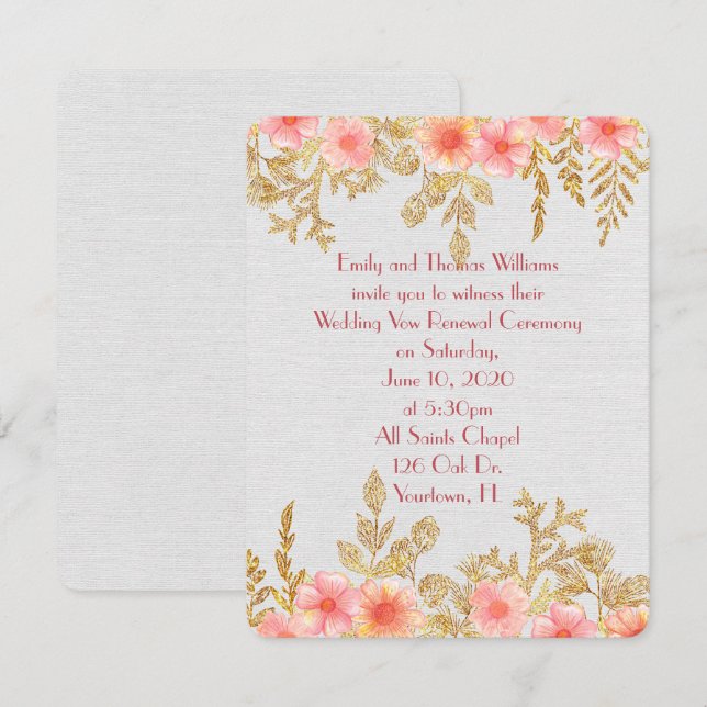 Invitación Vow Renewalpink frontera floral y dorada con hoja  (Anverso / Reverso)