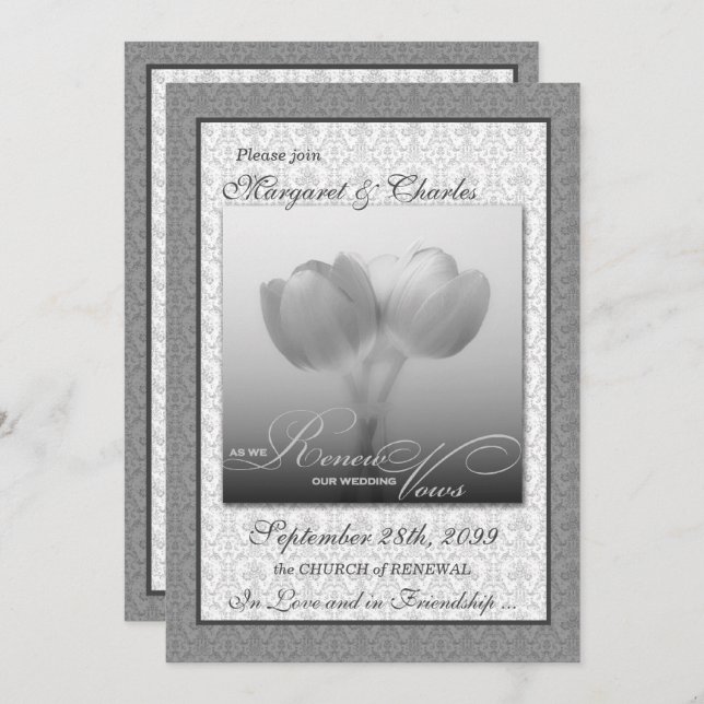 Invitación Vow Renewony Ceremony Silver Damask y Tulips (Anverso / Reverso)