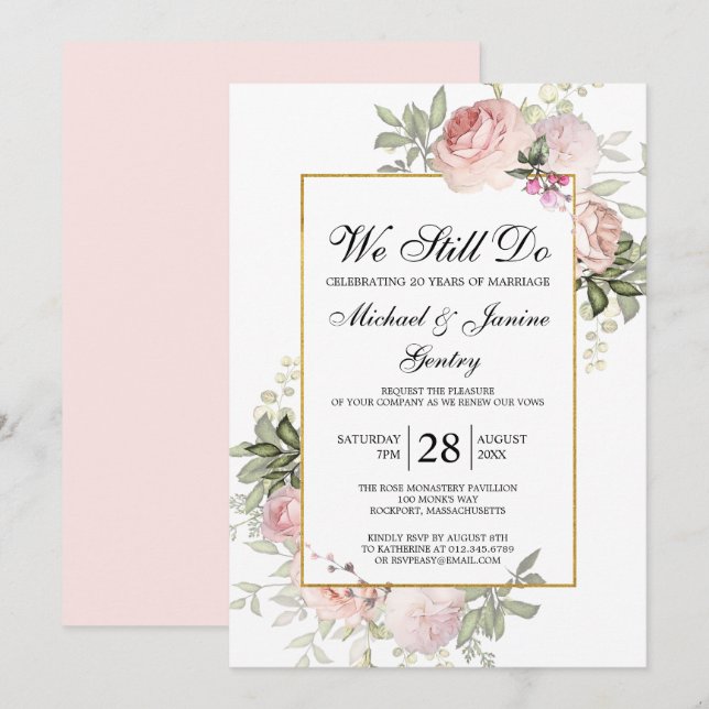 Invitación Vow Renewy Dusty Rubor Pink Rose Floral (Anverso / Reverso)