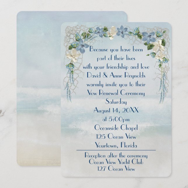 Invitación Vow Renovación De Arco De Flores En Acuarela Oceán (Anverso / Reverso)