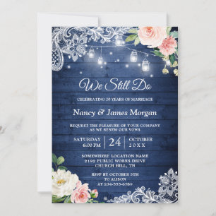 Invitación Vow Renovación Rustic Blue String Luces Lace Flora