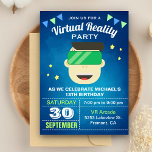 Invitación VR Game Virtual Reality Birthday Party Invitation<br><div class="desc">Amaze your guests with this cool birthday party invite featuring a child with a virtual reality headset with modern typography against a blue background. Simply add your event details on this easy-to-use template to make it a one-of-a-kind invitation.</div>