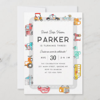 Invitación Vroom Cumpleaños Transporte