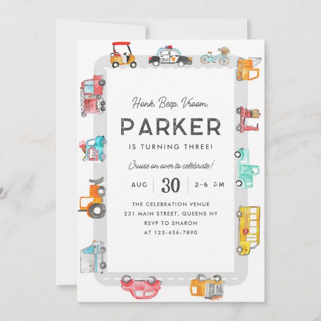 Invitación Vroom Cumpleaños Transporte (Anverso)