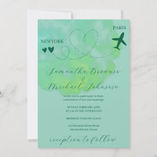 Invitación Vuelo en avión de destino verde al extranjero boda
