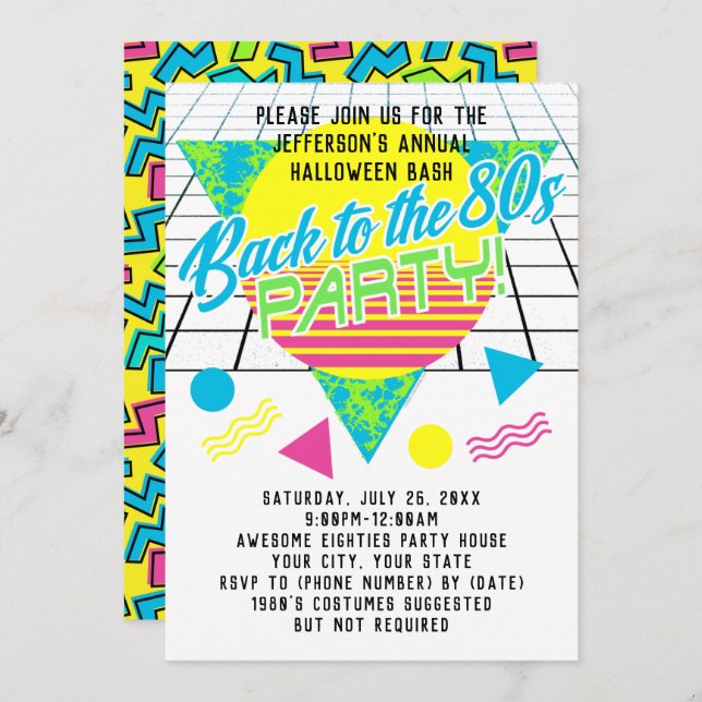 Invitación Vuelve a los 80s Geométrico Fiesta de los Ochenta (Anverso / Reverso)