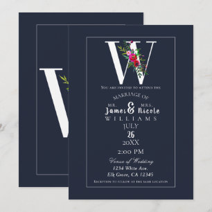 Invitación W Monograma Última Inicial Moderno Floral Azul Bod