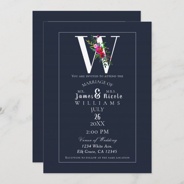Invitación W Monograma Último Boda floral azul moderno inicia (Anverso / Reverso)