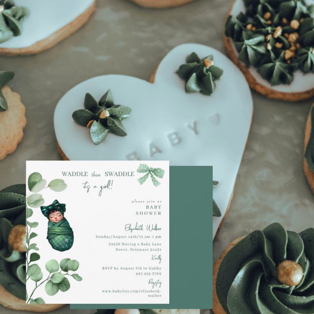 Invitación Waddle luego Swaddle Es un Baby Shower verde Chica (Subido por el creador)