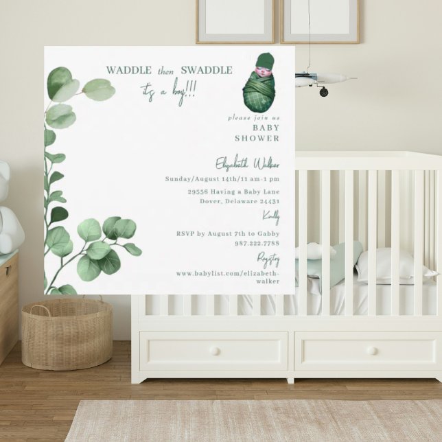 Invitación Waddle y luego Swaddle es un Baby Shower verde niñ (Subido por el creador)