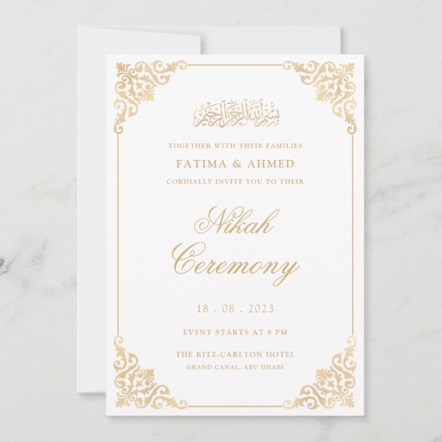 Invitación Walima White Gold Boda musulmana islámica (Anverso)
