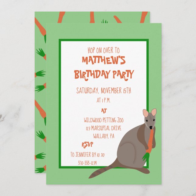 Invitación Wallaby verde y Naranja comiendo un cumpleaños est (Anverso / Reverso)